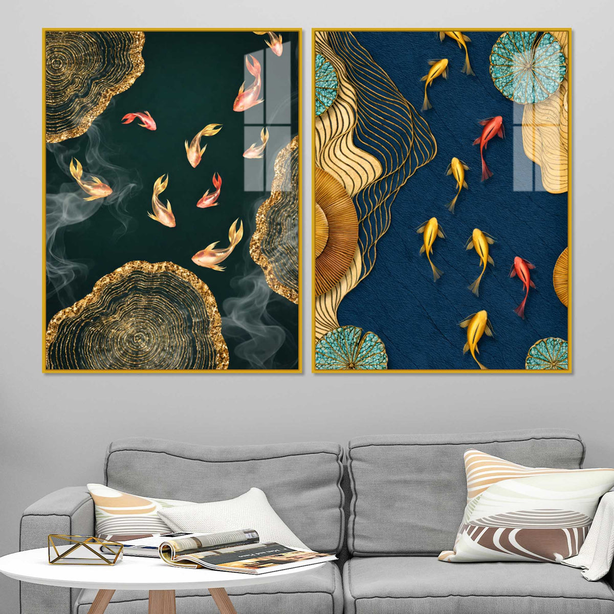 Luxury Japanese Koi Fish Premium Acrylic Floating Wall Painting Set of 2