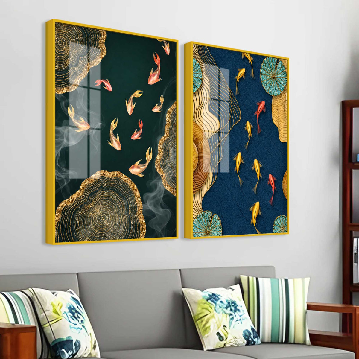 Luxury Japanese Koi Fish Premium Acrylic Floating Wall Painting Set of 2