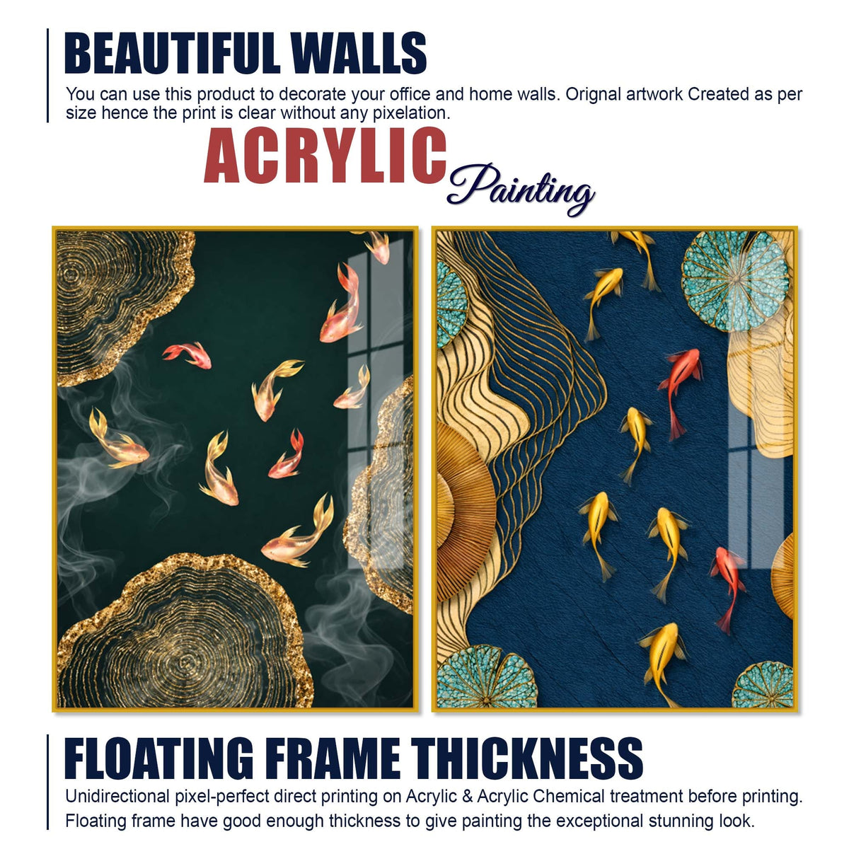 Luxury Japanese Koi Fish Premium Acrylic Floating Wall Painting Set of 2