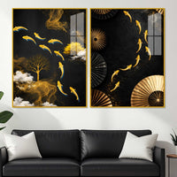 Luxury Koi Fish and Golden Tree Abstract Acrylic Floating Wall Painting Set of 2