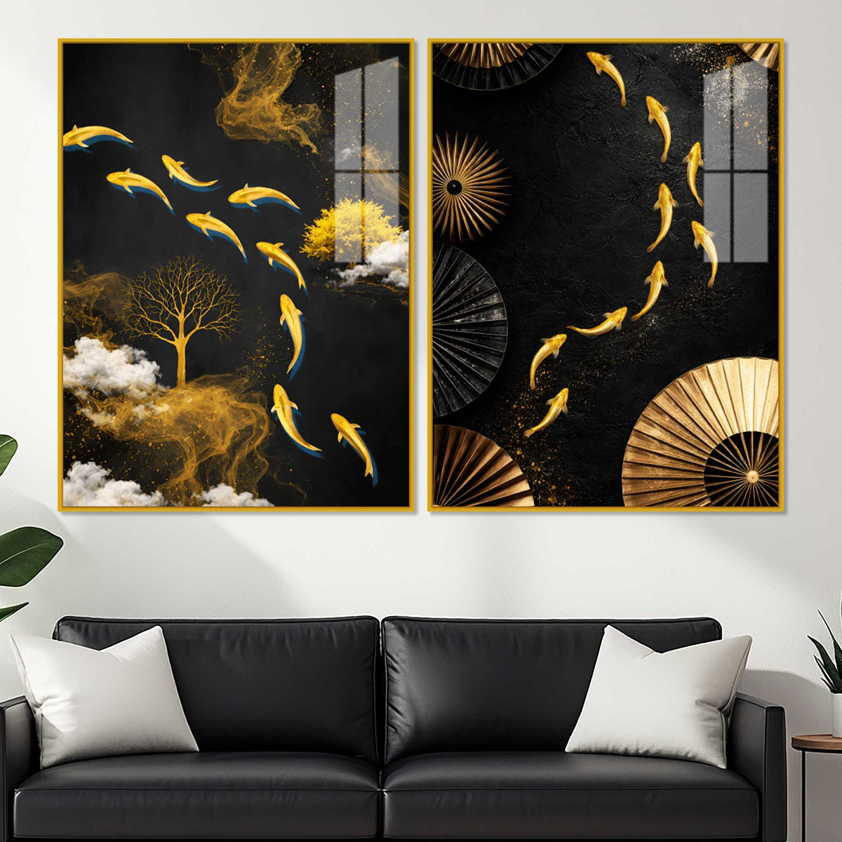 Luxury Koi Fish and Golden Tree Abstract Acrylic Floating Wall Painting Set of 2