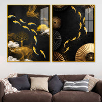 Luxury Koi Fish and Golden Tree Abstract Acrylic Floating Wall Painting Set of 2