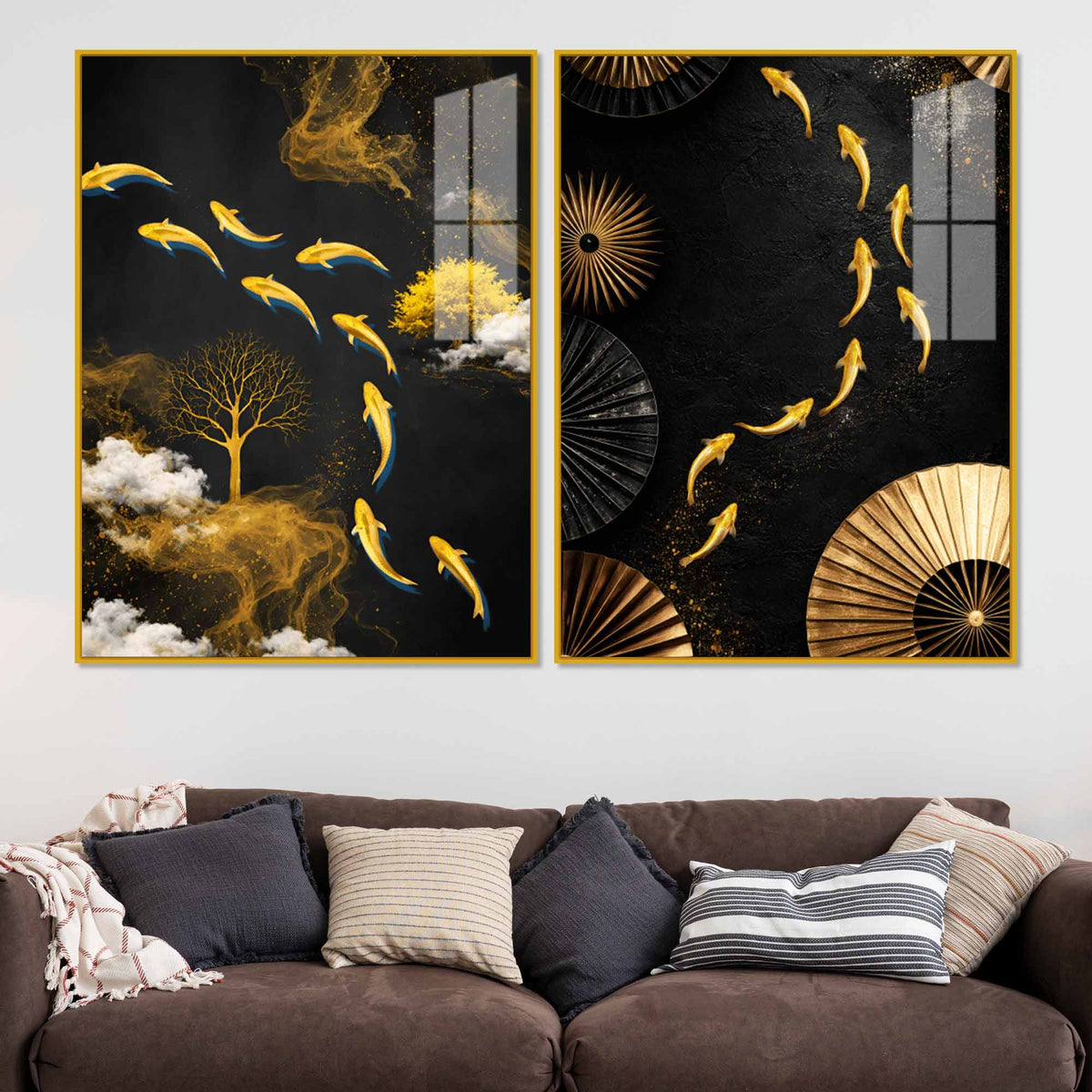Luxury Koi Fish and Golden Tree Abstract Acrylic Floating Wall Painting Set of 2