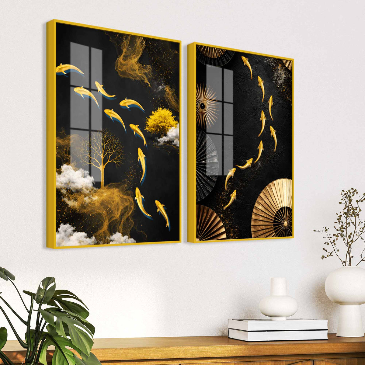 Luxury Koi Fish and Golden Tree Abstract Acrylic Floating Wall Painting Set of 2
