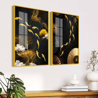 Luxury Koi Fish and Golden Tree Abstract Acrylic Floating Wall Painting Set of 2