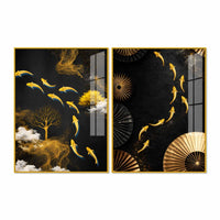 Luxury Koi Fish and Golden Tree Abstract Acrylic Floating Wall Painting Set of 2