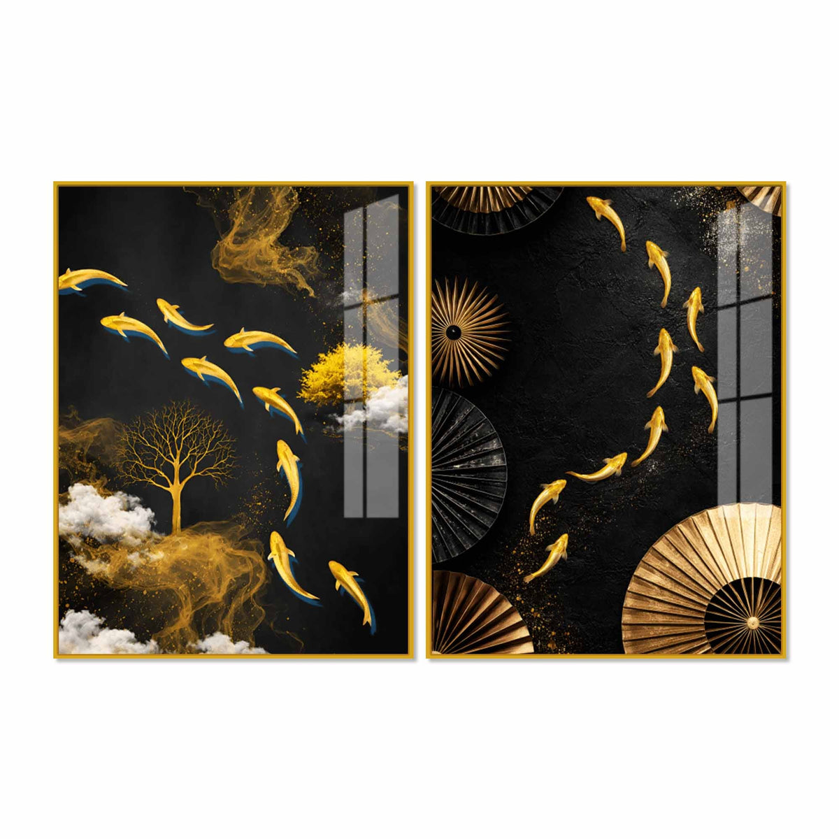 Luxury Koi Fish and Golden Tree Abstract Acrylic Floating Wall Painting Set of 2