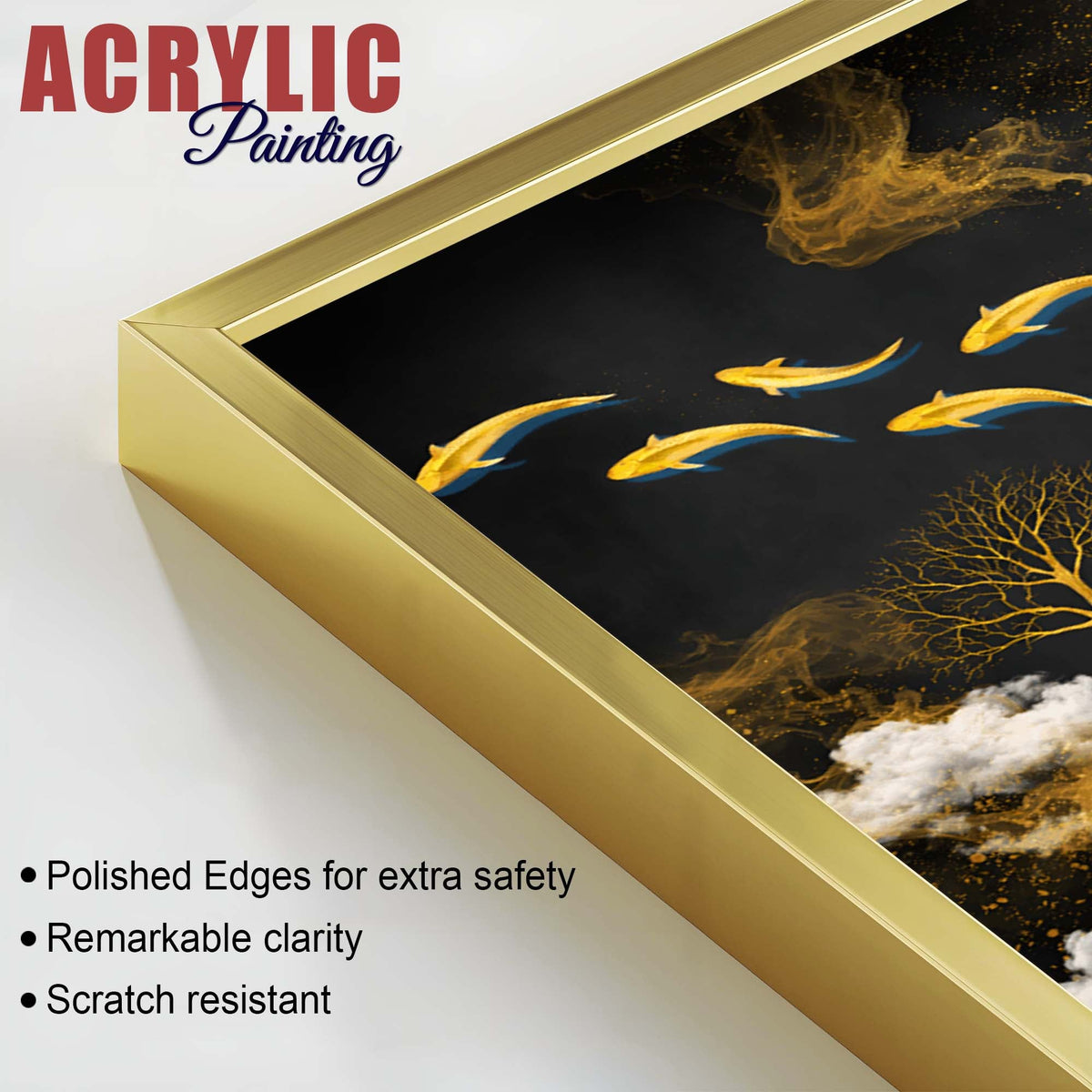 Luxury Koi Fish and Golden Tree Abstract Acrylic Floating Wall Painting Set of 2