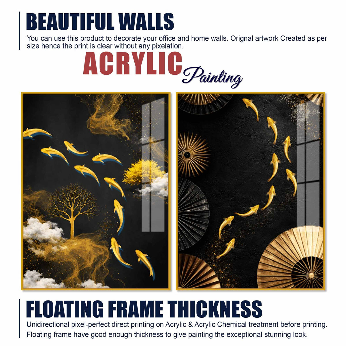 Luxury Koi Fish and Golden Tree Abstract Acrylic Floating Wall Painting Set of 2