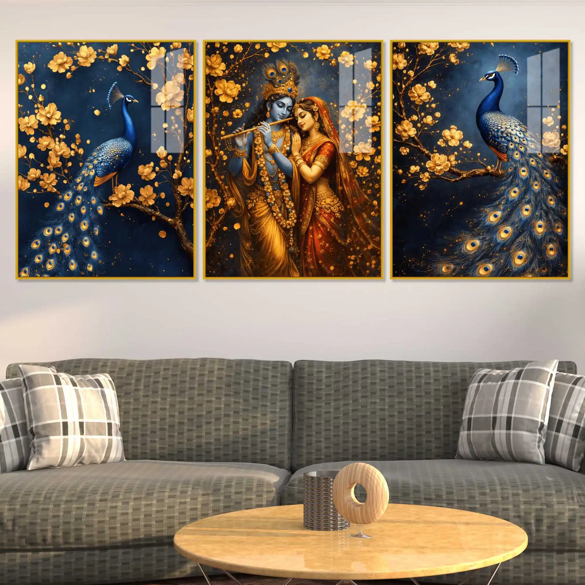 Luxury Krishna Radha and Peacock Acrylic Painting Set of 3
