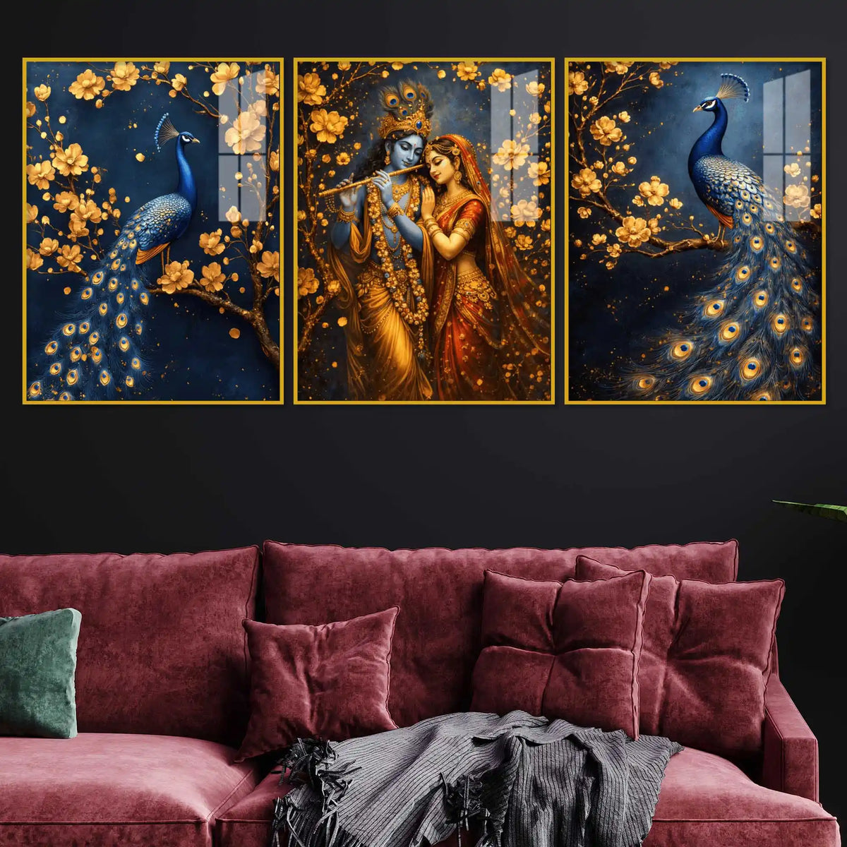 Luxury Krishna Radha and Peacock Acrylic Painting Set of 3