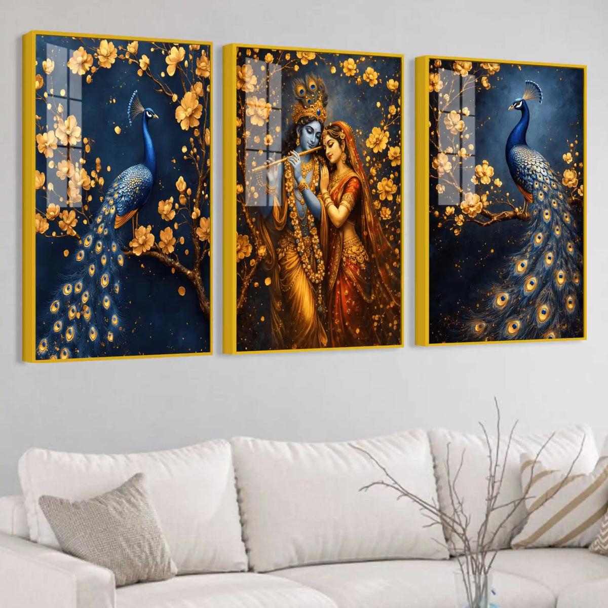 Luxury Krishna Radha and Peacock Acrylic Painting Set of 3