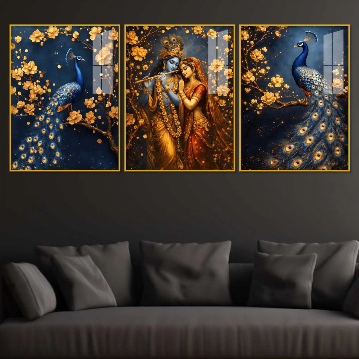 Luxury Krishna Radha and Peacock Acrylic Painting Set of 3