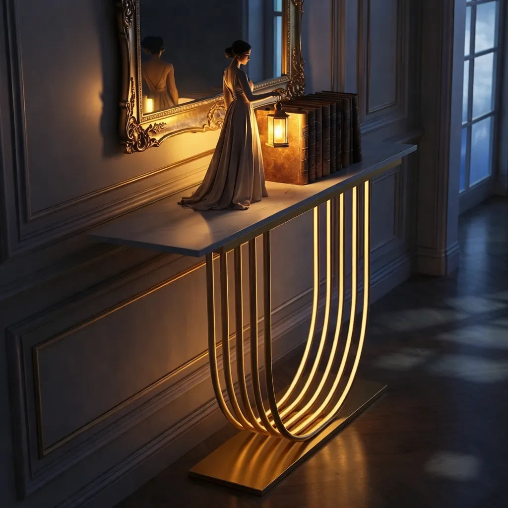Luxury LED Console Table with Marble Top | Gold Home Decor (SS 302)