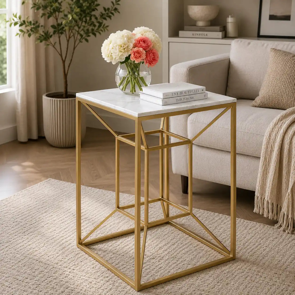 Luxury Living Room Side Table with Geometric Base Design