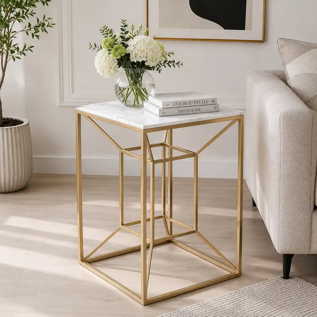 Luxury Living Room Side Table with Geometric Base Design