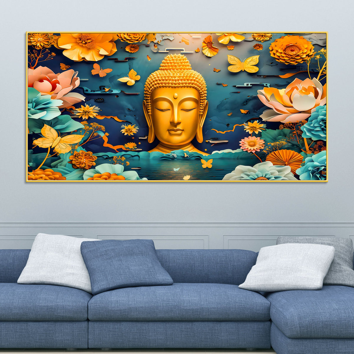 Luxury Lord Buddha Canvas Painting with Floral Design