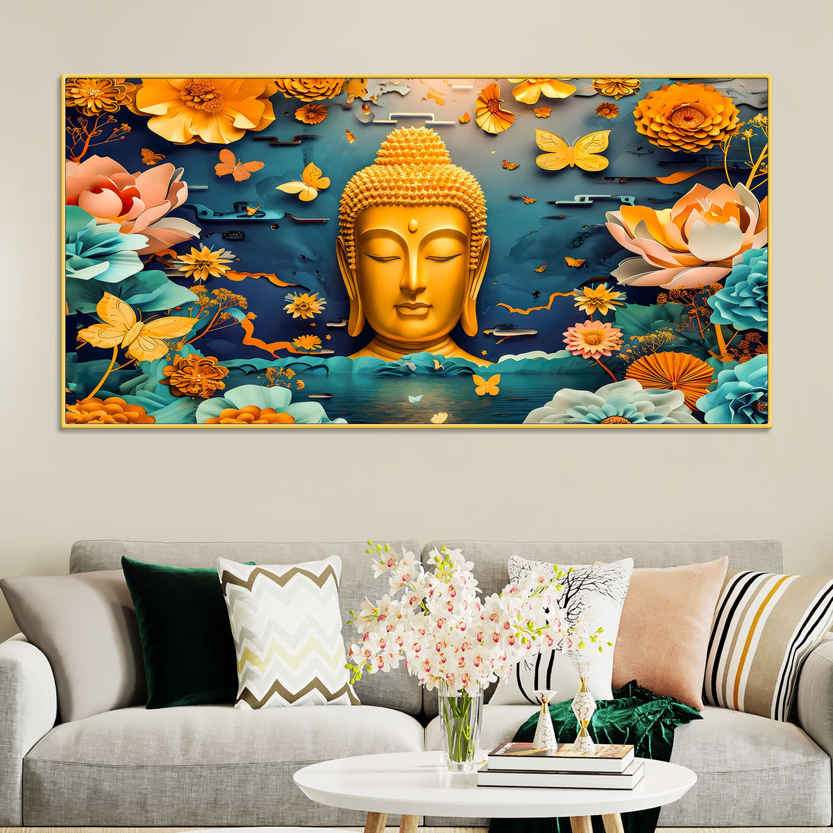 Luxury Lord Buddha Canvas Painting with Floral Design