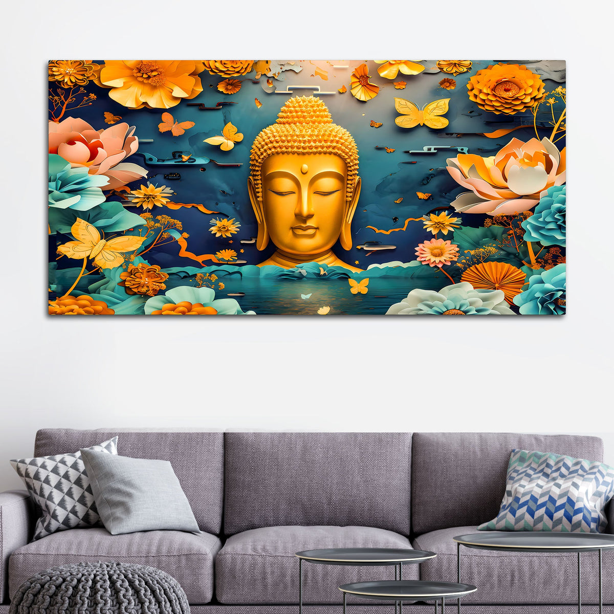 Luxury Lord Buddha Canvas Painting with Floral Design