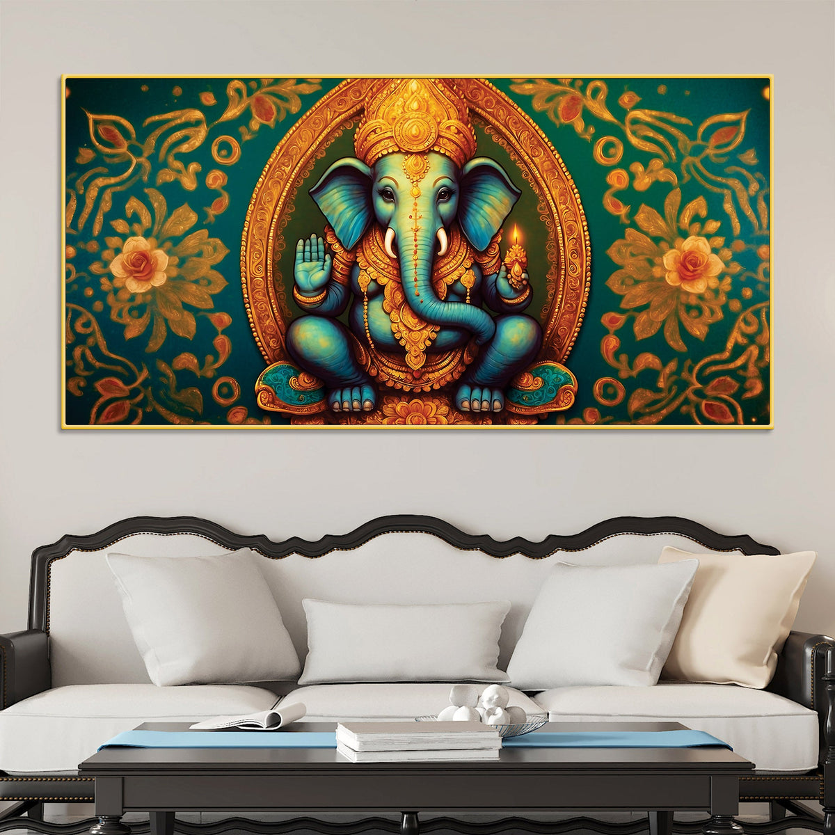 Luxury Lord Ganesha Floral Wall Art Canvas Wall Painting for Home & Office – Elegant Spiritual Wall Décor