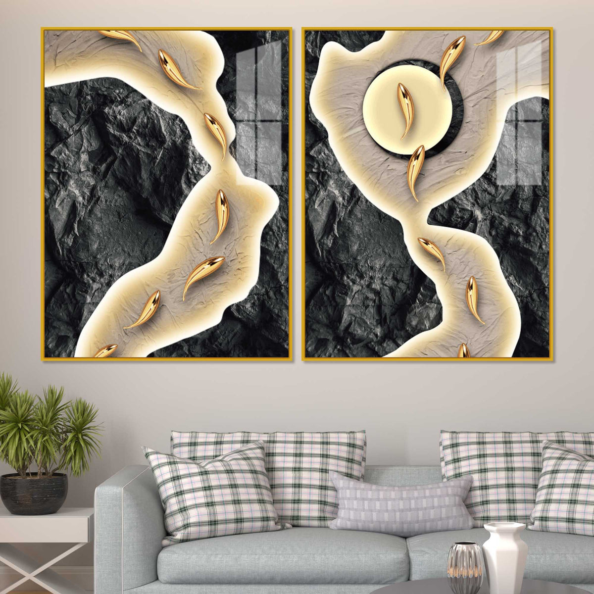 Luxury Marble Stream Abstract Acrylic Floating Wall Painting Set of 2