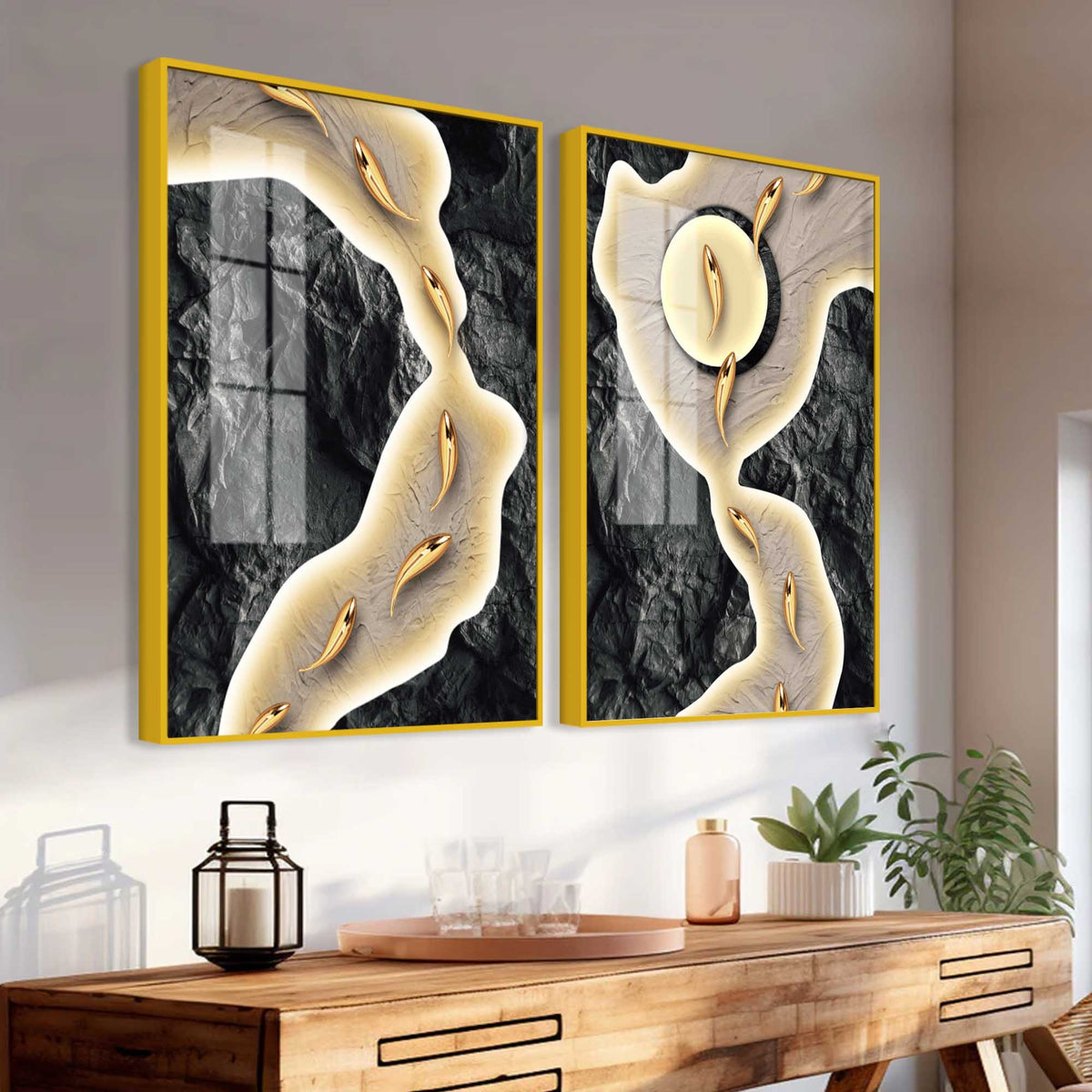 Luxury Marble Stream Abstract Acrylic Floating Wall Painting Set of 2