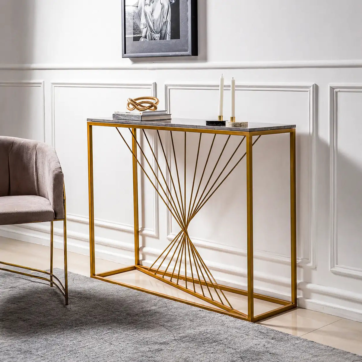 Luxury Marble Wall Console Table In Sleek Golden Rods Design