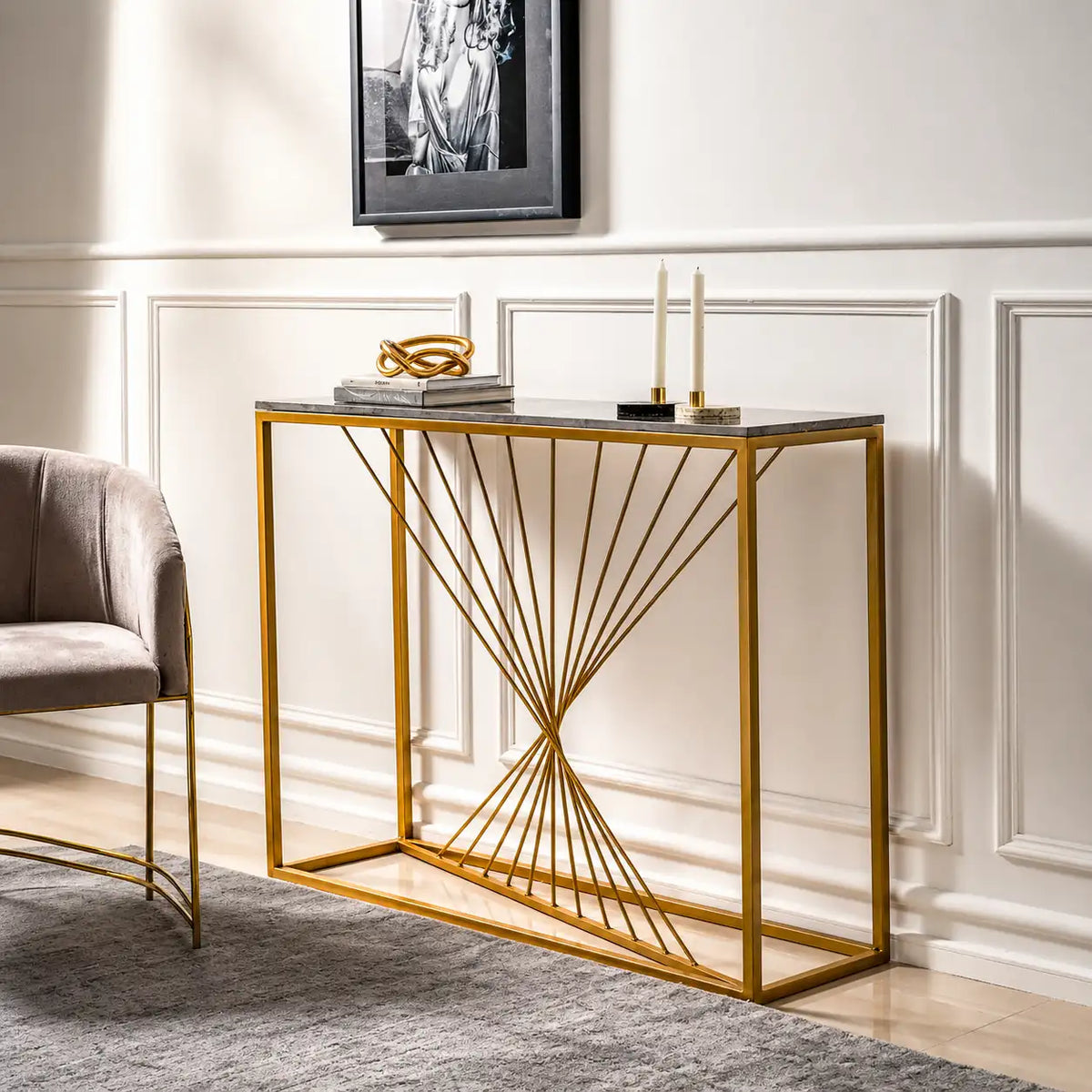 Luxury Marble Wall Console Table In Sleek Golden Rods Design