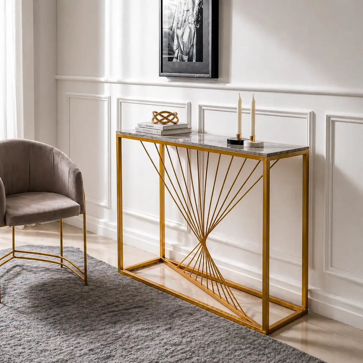 Luxury Marble Wall Console Table In Sleek Golden Rods Design