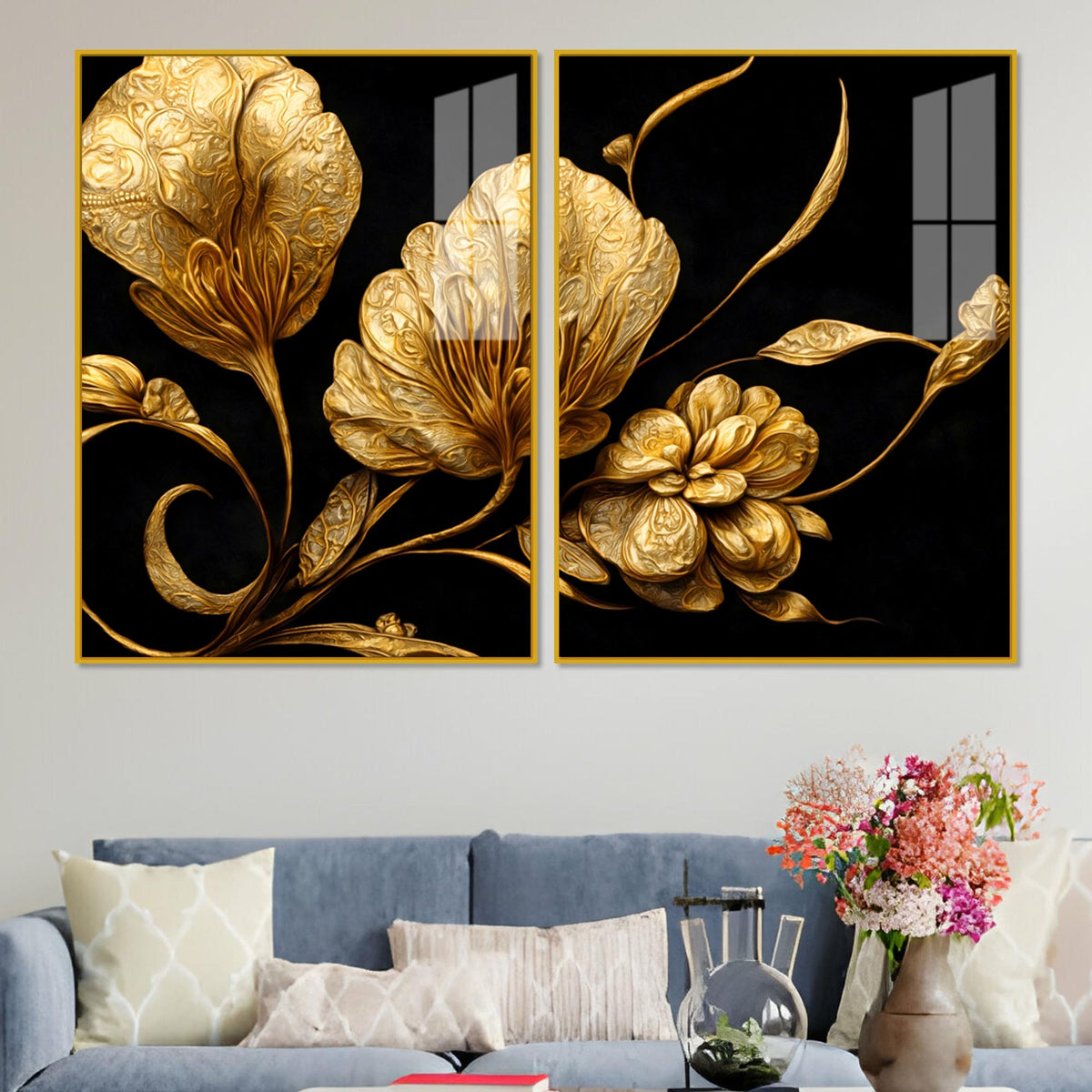 Luxury Metallic Golden Blossom Premium Acrylic Floating Wall Painting Set of 2