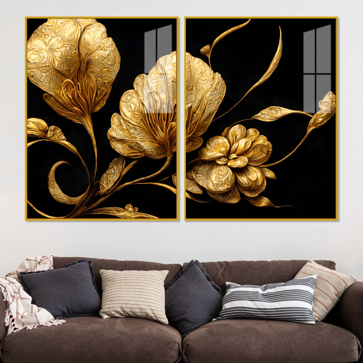 Luxury Metallic Golden Blossom Premium Acrylic Floating Wall Painting Set of 2