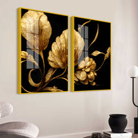 Luxury Metallic Golden Blossom Premium Acrylic Floating Wall Painting Set of 2