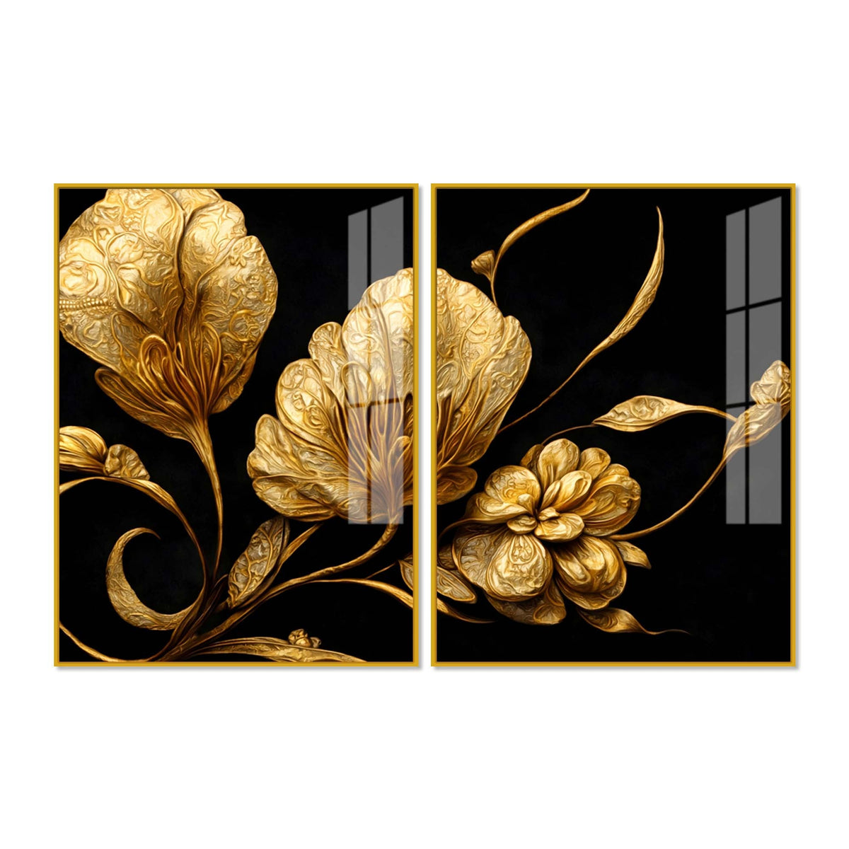 Luxury Metallic Golden Blossom Premium Acrylic Floating Wall Painting Set of 2