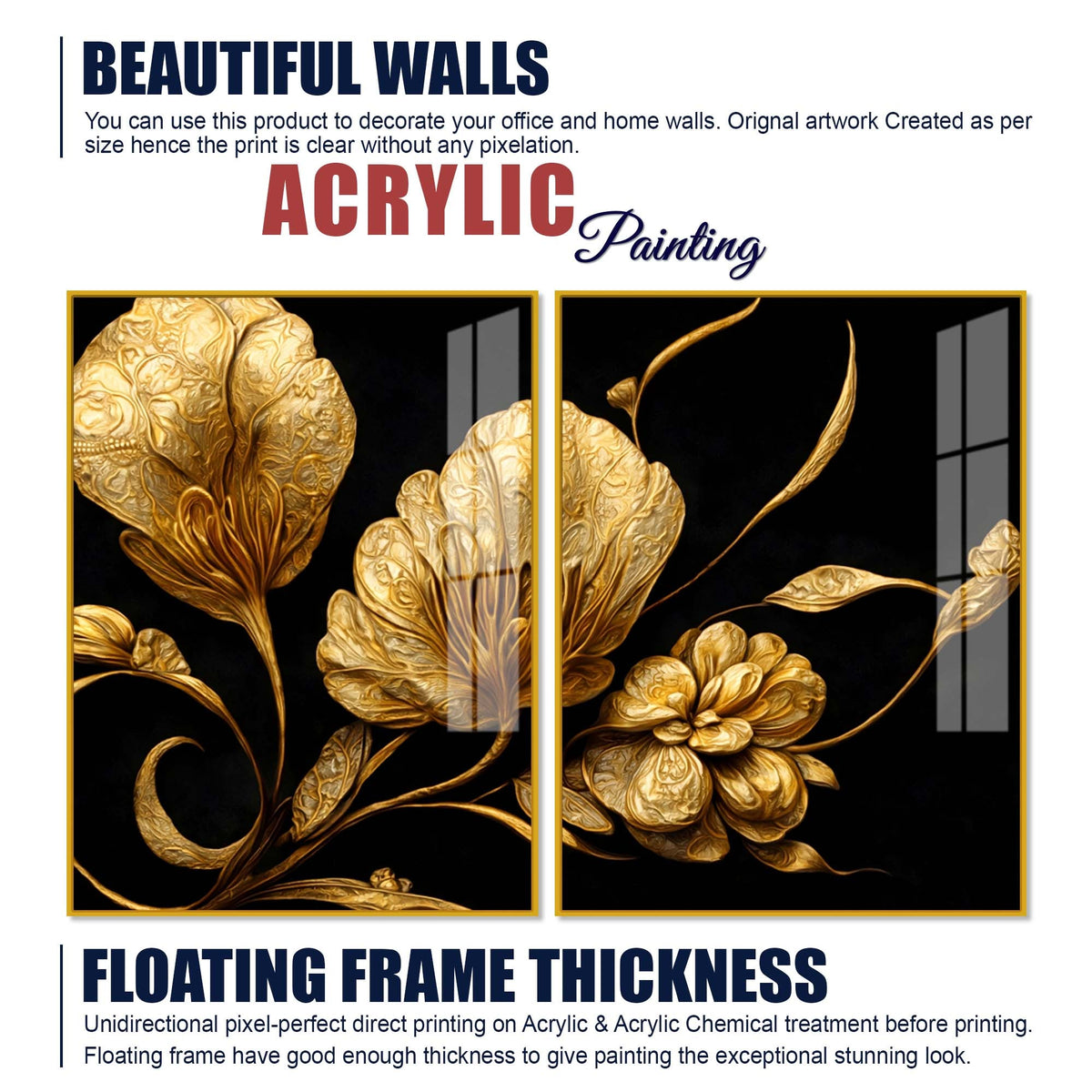 Luxury Metallic Golden Blossom Premium Acrylic Floating Wall Painting Set of 2
