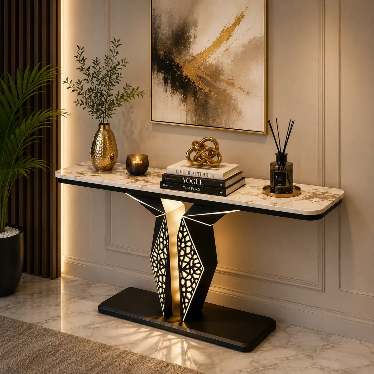 Luxury Modern LED Console Table | Designer Entryway Table with Geometric Base (SS 302)