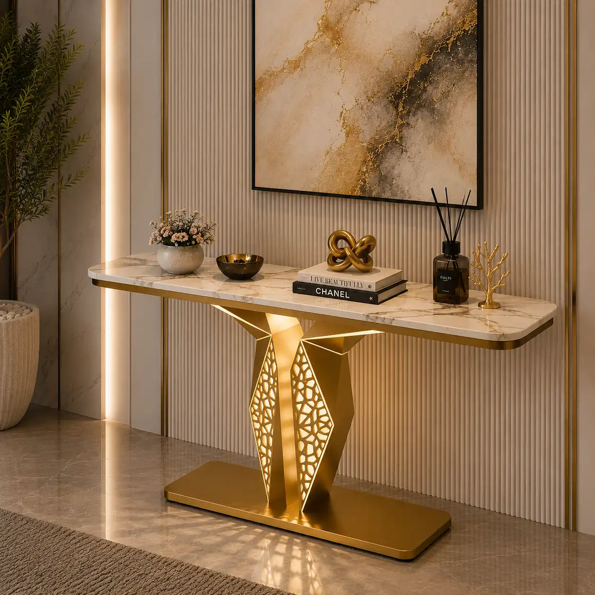 Luxury Modern LED Console Table | Designer Entryway Table with Geometric Base (SS 302)