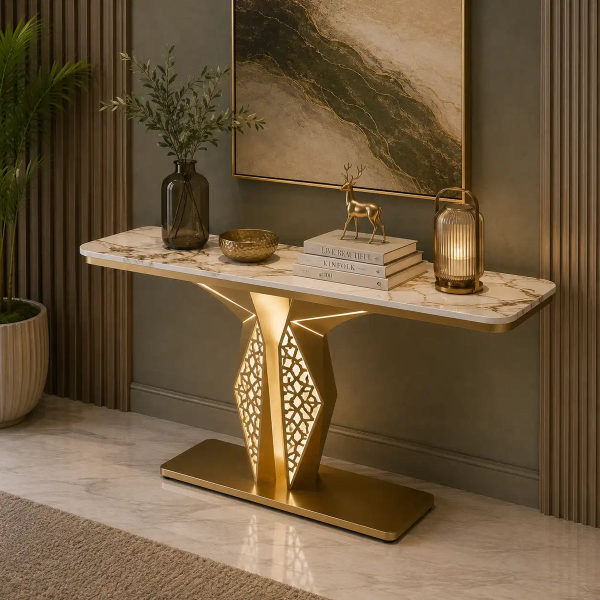 Luxury Modern LED Console Table | Designer Entryway Table with Geometric Base (SS 302)