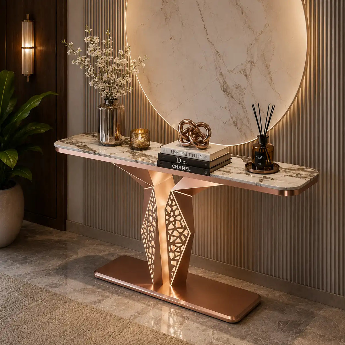 Luxury Modern LED Console Table | Designer Entryway Table with Geometric Base (SS 302)