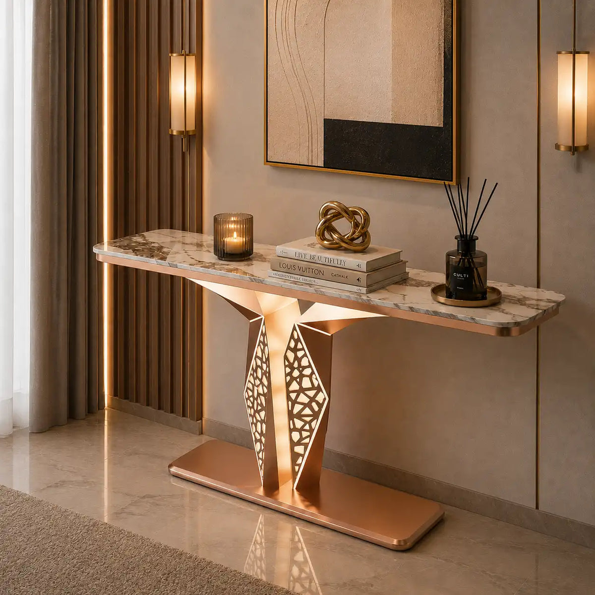 Luxury Modern LED Console Table | Designer Entryway Table with Geometric Base (SS 302)