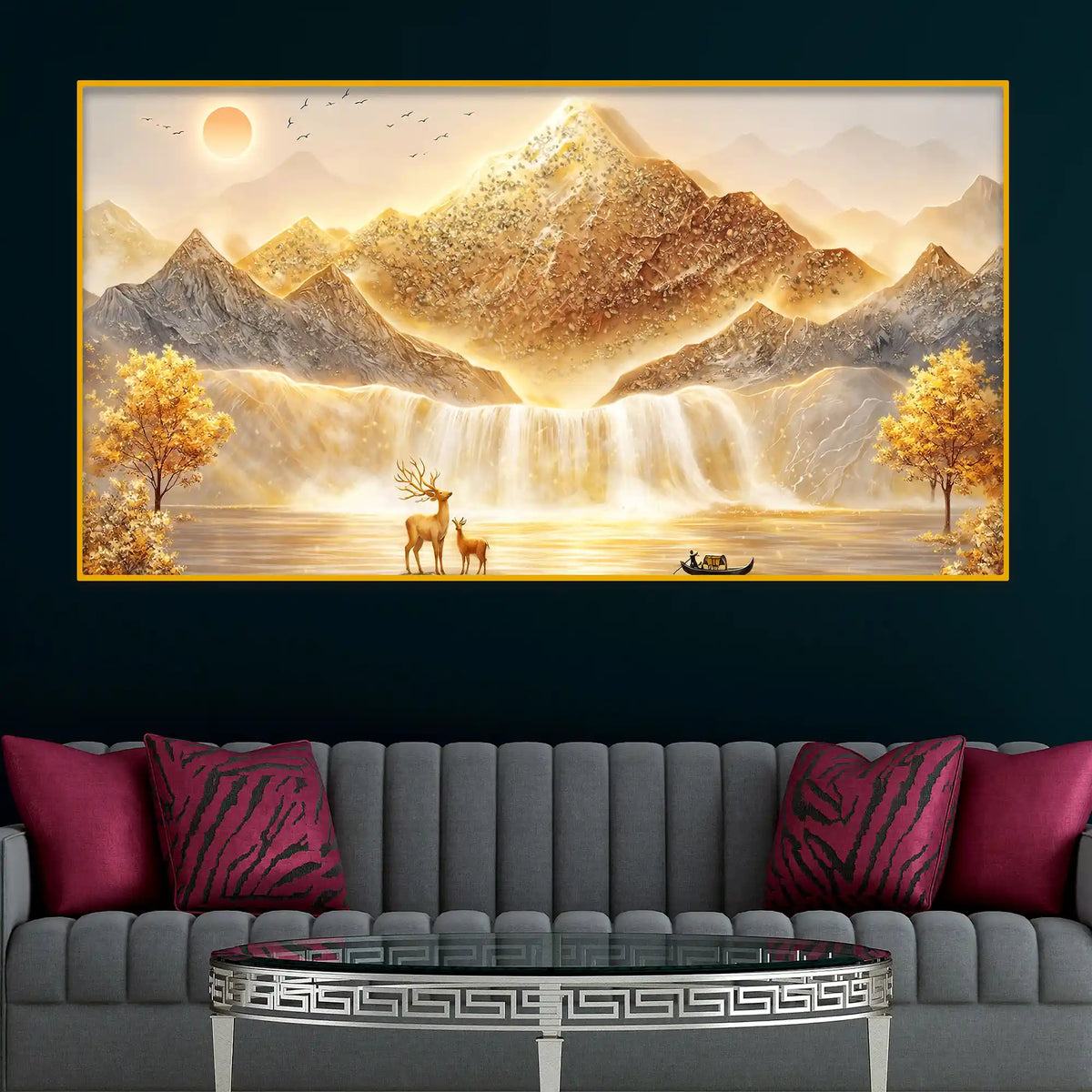 Luxury Mountain Waterfall Crystal Glass Wall Painting