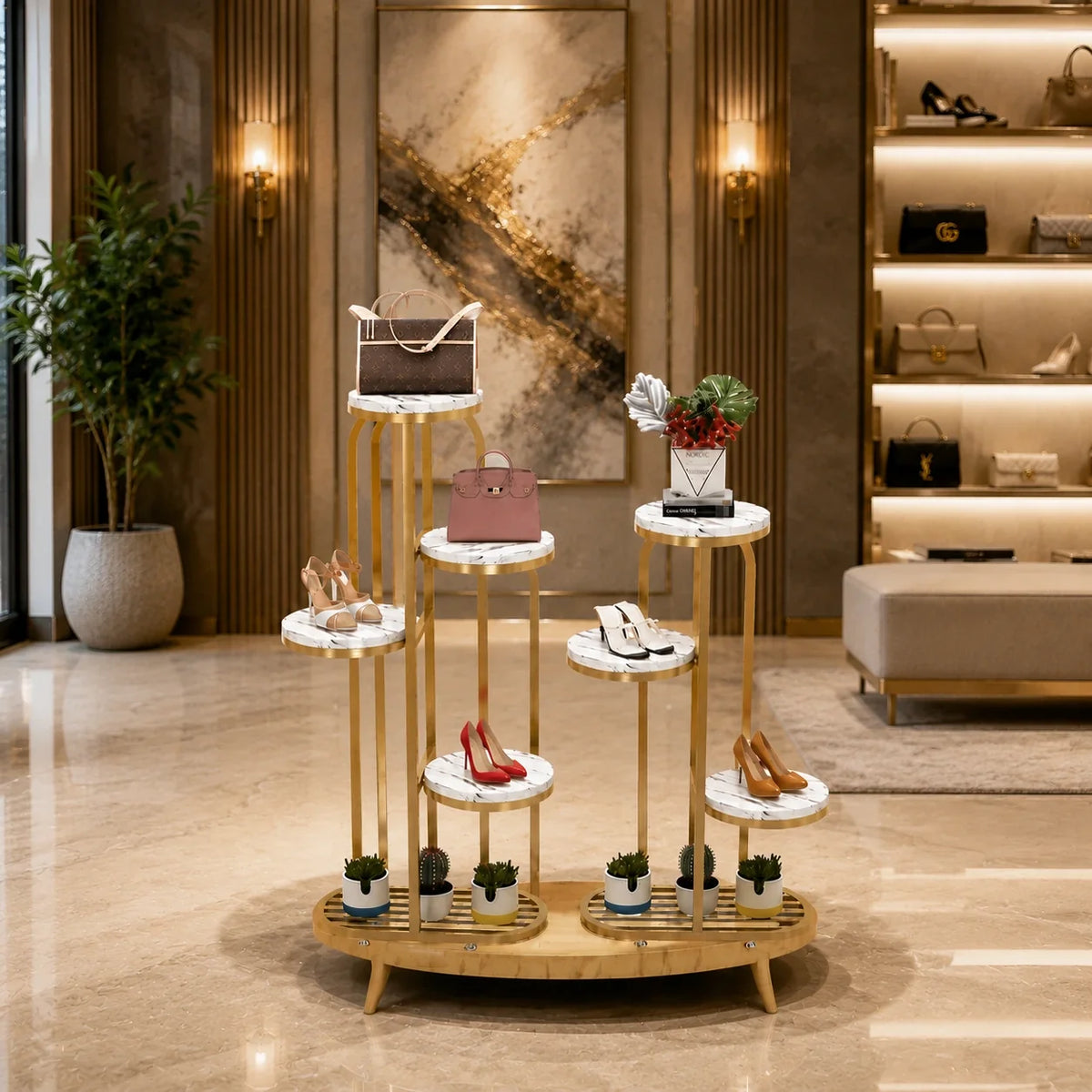 Luxury Multi-Tier Display Shoe Stand with Marble Top and Gold Frame