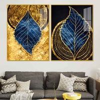 Luxury Nature Inspired Golden & Blue Leaf Acrylic Floating Wall Painting Set of 2