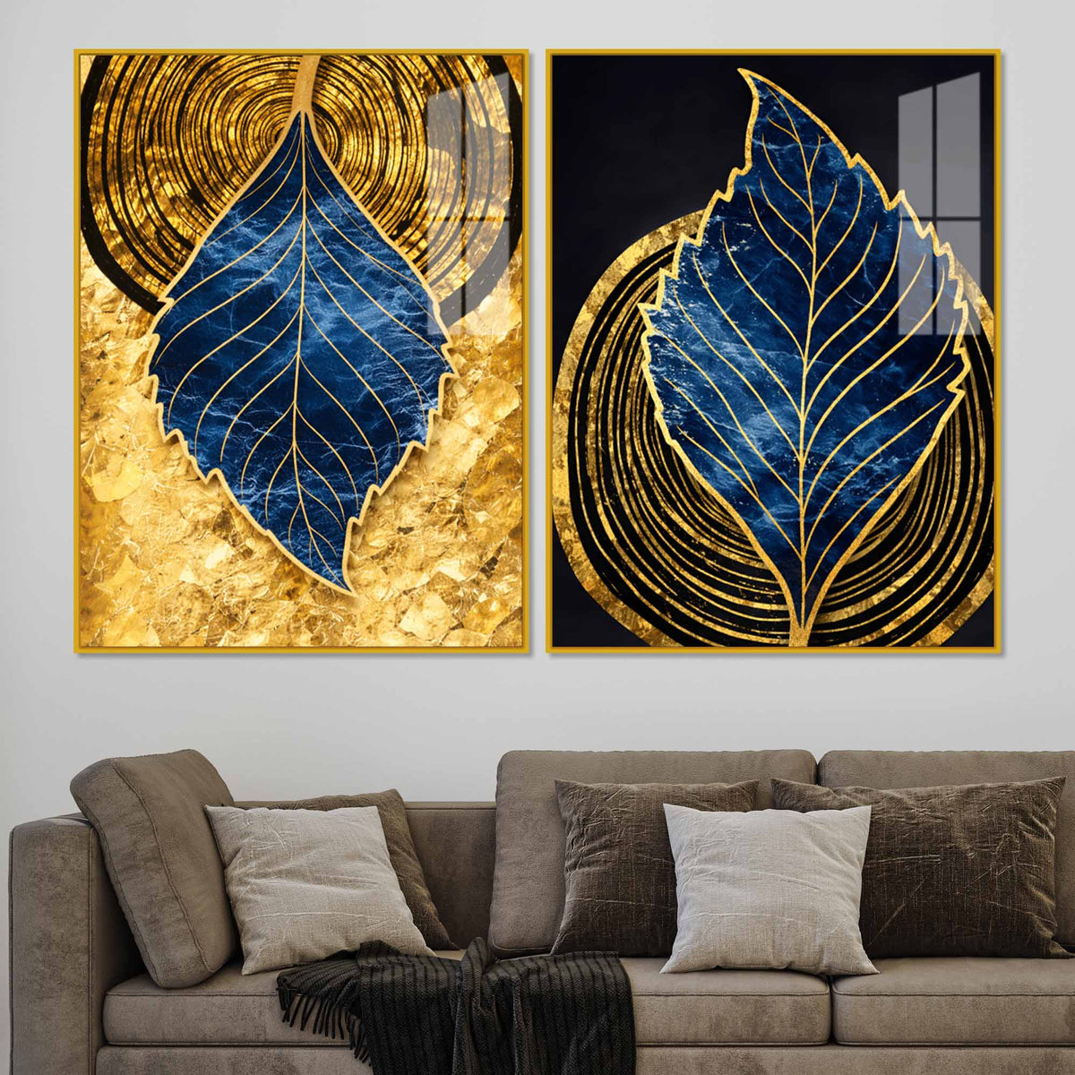 Luxury Nature Inspired Golden & Blue Leaf Acrylic Floating Wall Painting Set of 2