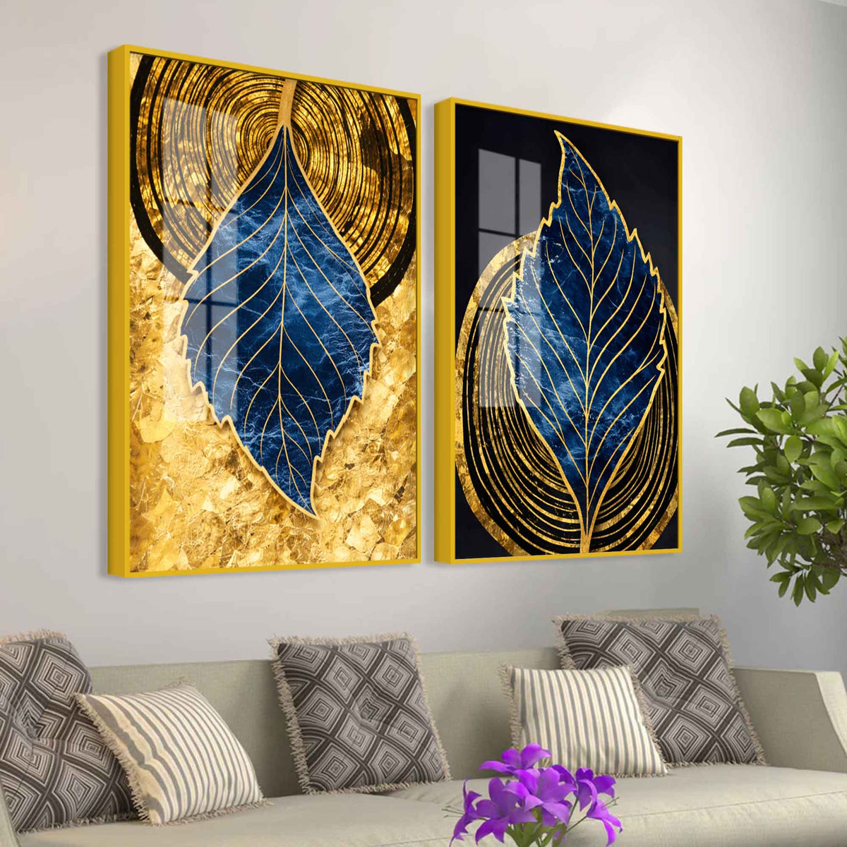Luxury Nature Inspired Golden & Blue Leaf Acrylic Floating Wall Painting Set of 2