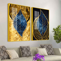 Luxury Nature Inspired Golden & Blue Leaf Acrylic Floating Wall Painting Set of 2