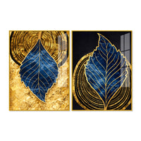 Luxury Nature Inspired Golden & Blue Leaf Acrylic Floating Wall Painting Set of 2