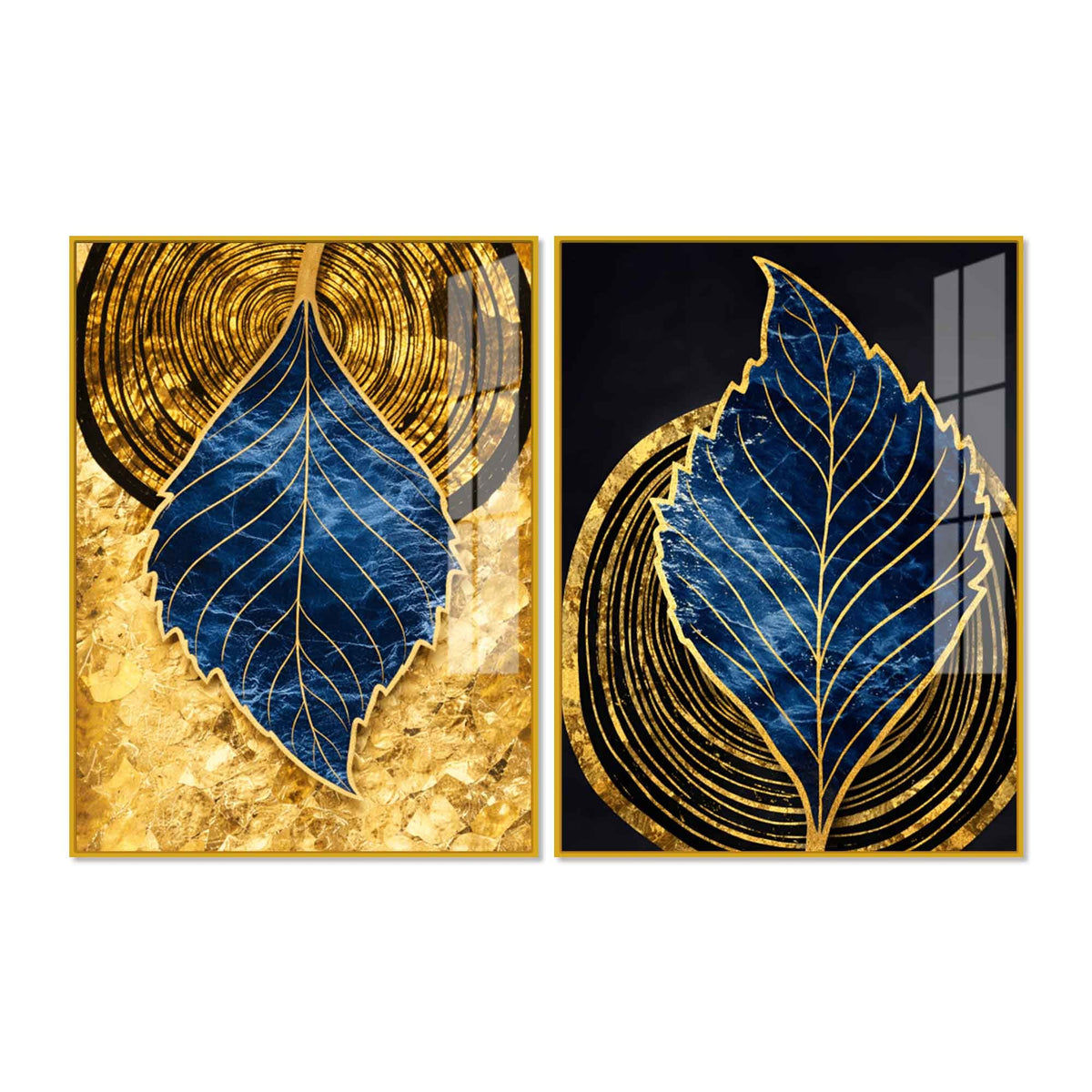 Luxury Nature Inspired Golden & Blue Leaf Acrylic Floating Wall Painting Set of 2