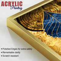 Luxury Nature Inspired Golden & Blue Leaf Acrylic Floating Wall Painting Set of 2
