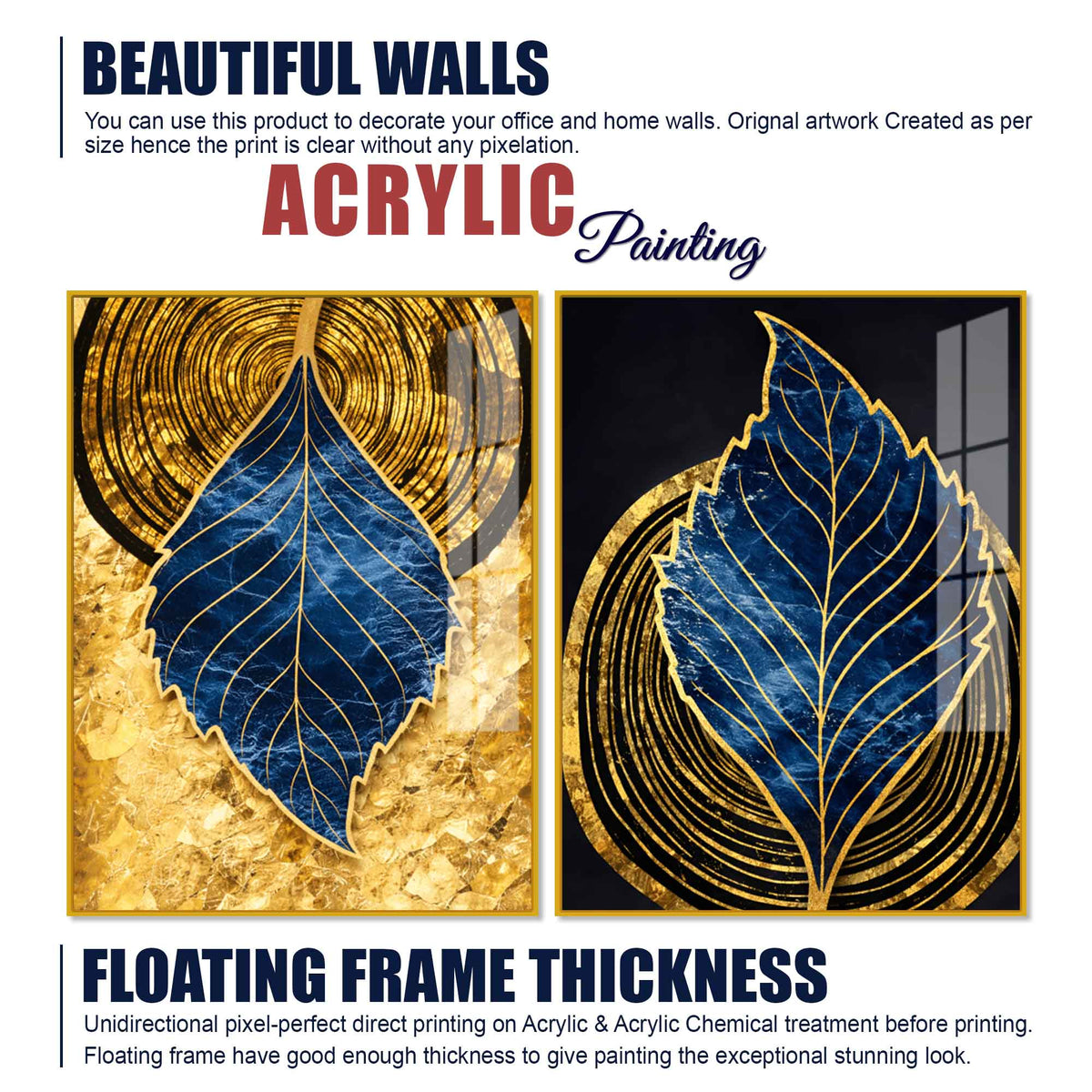 Luxury Nature Inspired Golden & Blue Leaf Acrylic Floating Wall Painting Set of 2