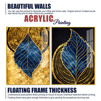 Luxury Nature Inspired Golden & Blue Leaf Acrylic Floating Wall Painting Set of 2